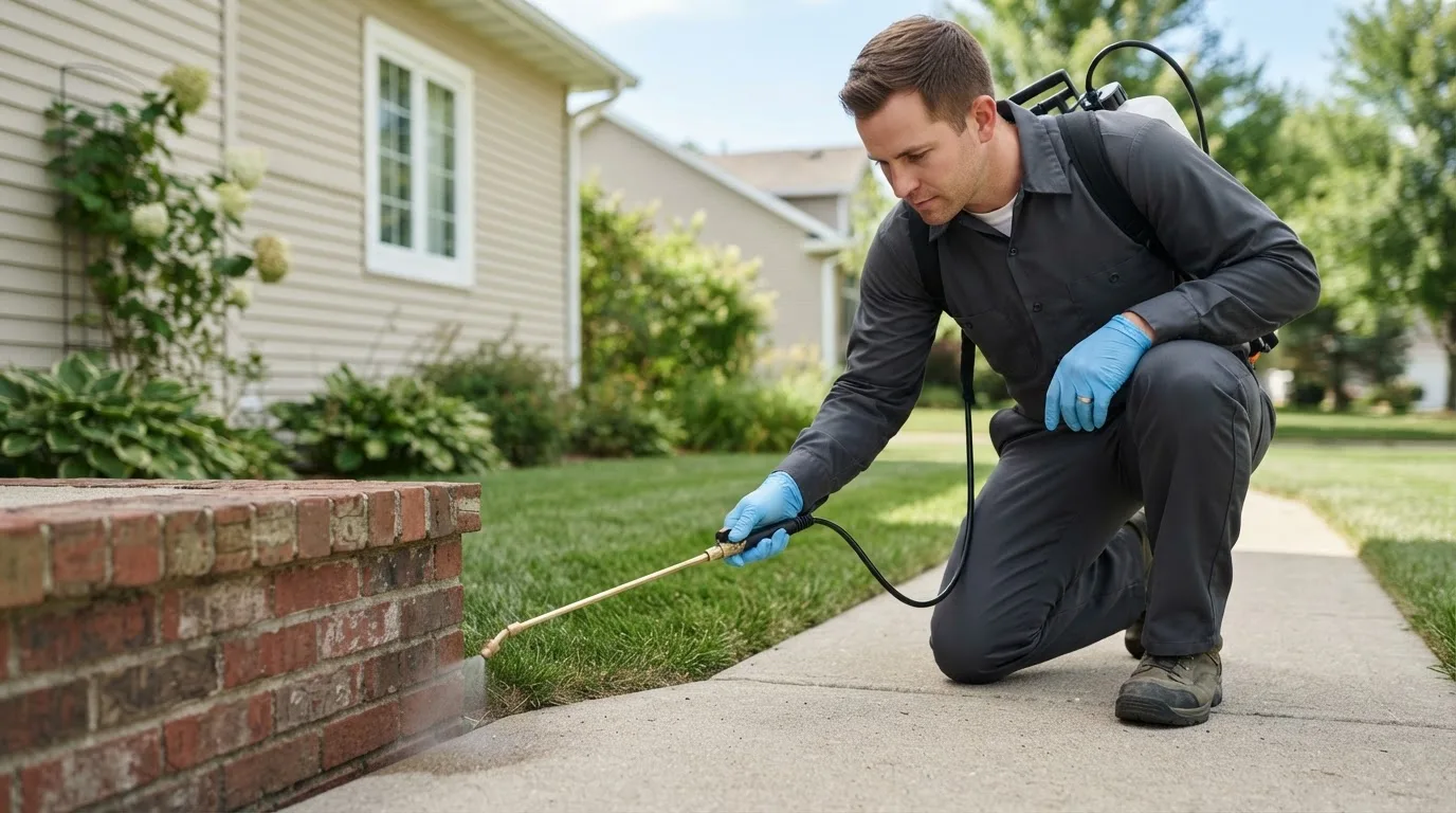 Pest control technician treating a home near Greenlawn, NY