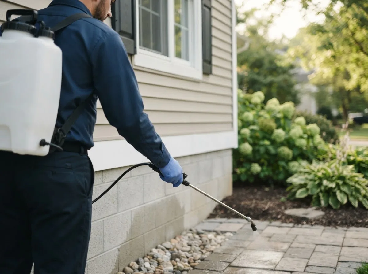 Pest control technician inspecting a home in Greenlawn, NY
